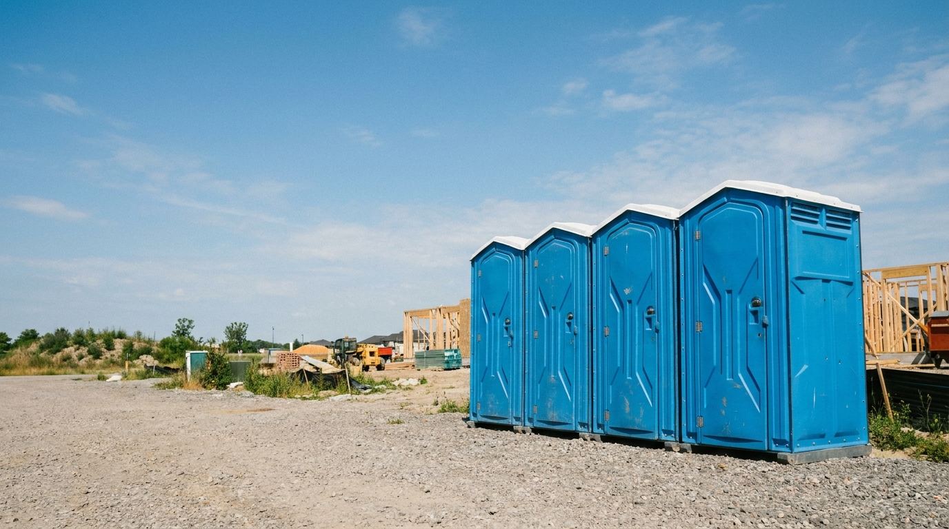 Porta potty rental units lined up at a Fresno, California job site